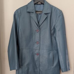 VINTAGE '90s Women's Blue Leather Blazer | 90s Minimalist | Office Chic |